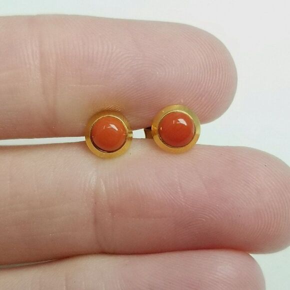 Vintage Sterling Silver Gold Overlay Orange Cabochon Stud Earrings, Small Estate - Picture 7 of 7